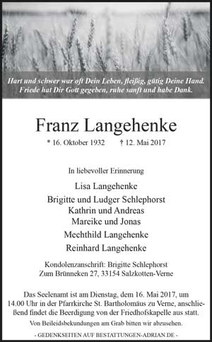 Zeitung Anzeige von Franz Langehenke